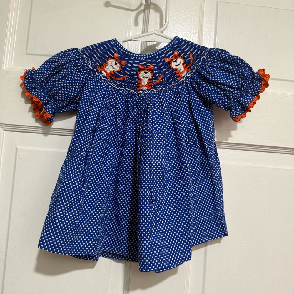 12 Month Smocked Tiger Outfit Set Girls Polka Dot Shirt Pant Ruffles Blue